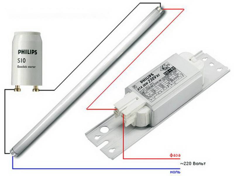 Схема питания люминесцентной лампы с дросселем