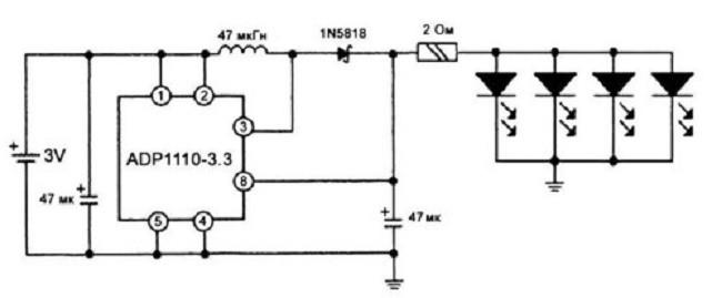 Рисунок 2. Схема самодельного сверхъяркого фонарика со стабилизатором напряжения.